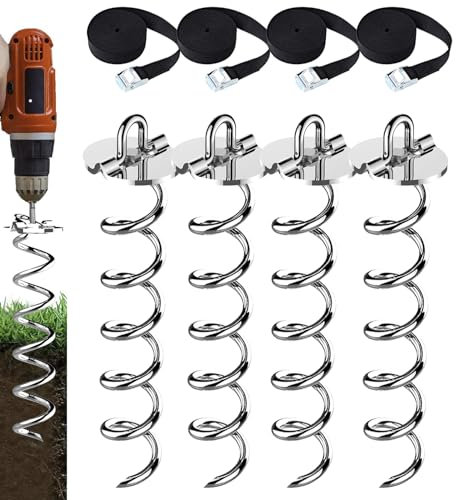 Eurmax Trampoline Stakes Heavy Duty Trampoline Parts Corkscrew Shape Steel Stakes Anchor Kit for Trampoline -Silver(4)