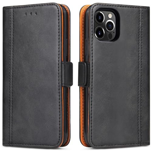 Bozon Handyhülle für iPhone 12, iPhone 12 Pro Lederhülle mit Kartenfächer, Handytasche mit Standfunktion, Klapphülle Tasche für Apple iPhone 12/ iPhone 12 Pro, Schwarz