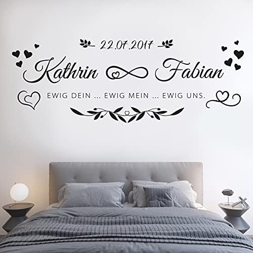 tjapalo® vr6 Wandtattoo Schlafzimmer Liebe Wohnzimmer Wandtatoo mit Namen Wandspruch Sprüche ewig dein ewig mein 2Namen Datum, Farbe: gold metallic, Größe: B150xH58cm