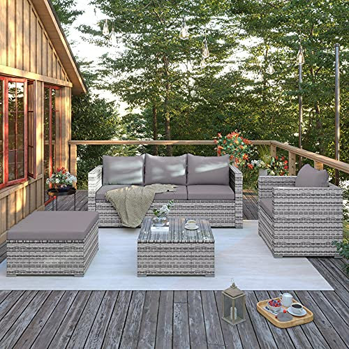 Topchances Lot de 6 meubles de jardin en rotin 5 places avec coussins pour table basse pour piscine, terrasse, balcon, jardin extérieur