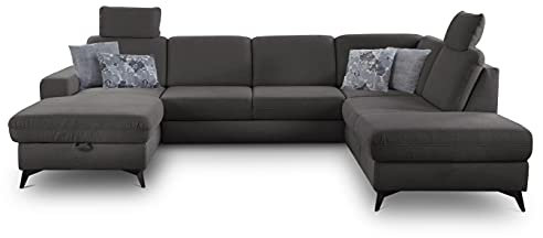 CAVADORE Wohnlandschaft Lotta / Skandinavische Federkern U-Form mit 2 Kopfstützen, Schlaffunktion + Bettkasten / leichte Fleckentfernung dank Soft Clean / 303 x 88 x 212 / Anthrazit