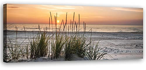 Feeby Bild auf Vlies Leinwand Strand Wellen Meer 120x40 cm Kunstdruck Modern Wandbilder Deko Flur Wohnzimmer Ostsee Sonnenuntergang Orange