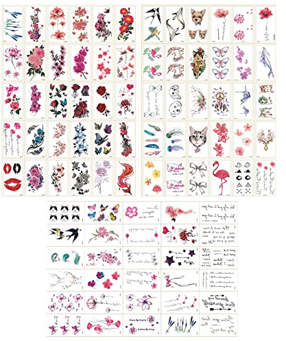 PMELCXD Temporäre Tattoos, Tattoo Aufkleber, Feder Fake Tattoos, 90 Blätter 3D Bunt Schmetterling Rose Pflanze Blume Tattoo Sticker Set für Erwachsene