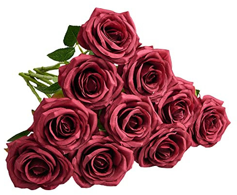 IUKnot Künstliche Rosen, 10 Stück, offener Blumenstrauß, künstliche Rosen, für Hochzeitsarrangements, Brautstrauß, Tafelaufsatz, künstliche Kunstseide, Blumen (weinrot)