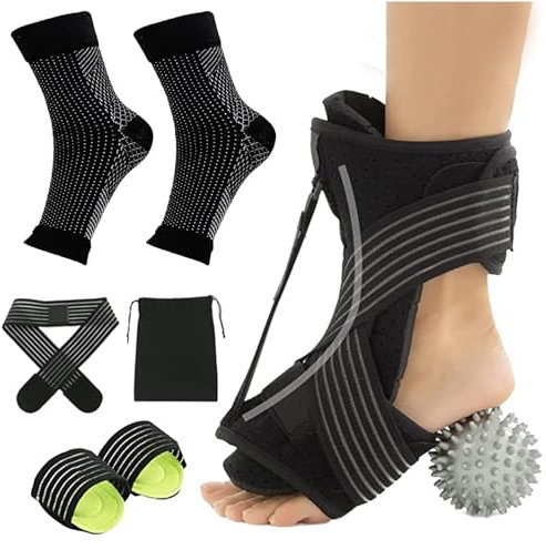 Kraeoke Plantarfasziitis Nachtschiene Verstellbarer FußStabilisator Sprunggelenkbandage Kompressionssocken mit Massageball Fasciitis Fuß Schmerzlinderung Kit für Damen Herren