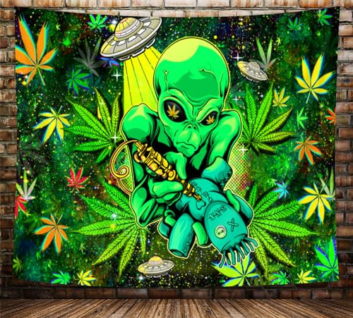Mtsxfy Trippy Weed Tapisserie, cooles Alien-grünes Marihuana, kleiner Wandbehang für Herren-Schlafzimmer, psychedelische Steiner-Wandteppiche, Flagge, Hippie-Poster, Stranddecke, Studentenwohnheim,