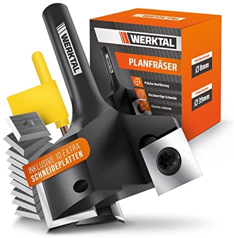 WERKTAL - Planfräser 8mm Schaft [39mm Durchmesser] - Präziser Hobelfräser mit 10 extra Wendeschneidplatten - Professioneller Planfräser für Oberfräse 8mm & CNC Fräse - Schaftfräser & Abrichtfräser