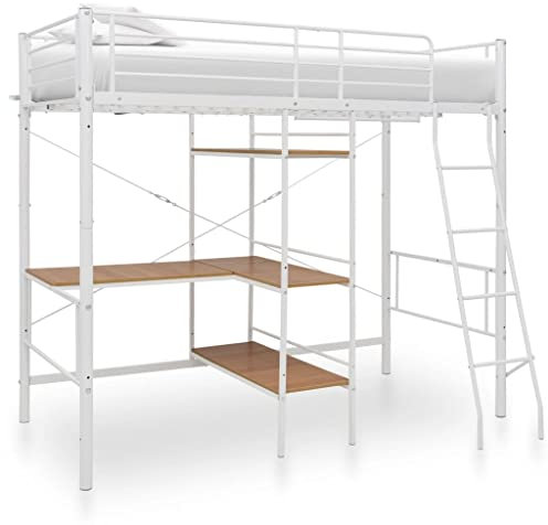 Festnight Hochbett 90x200 mit Schreibtisch Etagenbett Metall mit Treppe Stockbett Doppelstockbett Einzelbett Kinderbett Jugendbett Metallbett Bett
