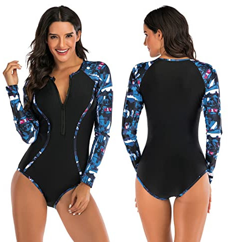 TDHLW Femme Combinaison NéOprèNe Une PièCe Combinaison Courte Thermique Manches Longues Fermeture éClair Avant Combinaisons d'eau pour PlongéE Surf Kayak Canoë Snorkeling,Bleu,M