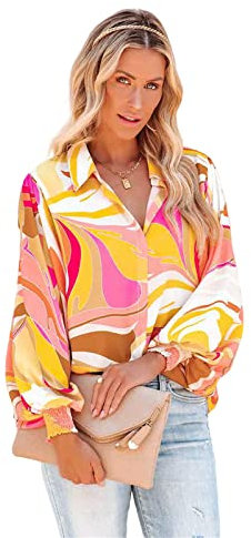 HEYPORK Damen Sommer Top Bluse Bequem Lässig Mode T-Shirt Blusen Frauen Frühling/Sommer Gedruckt Laterne Ärmel Revers Strickjacke Einreihig Lässig Shirt(Mehrfarbig, 2XL)
