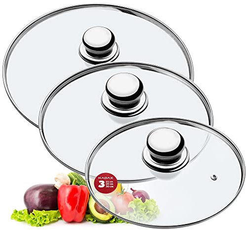 KADAX Lot de couvercles de casserole universels en verre avec poignée, résistants à la chaleur, différentes tailles, couvercle en verre casserole, poêle (22 + 26 + 30cm, poignée en métal) K8380
