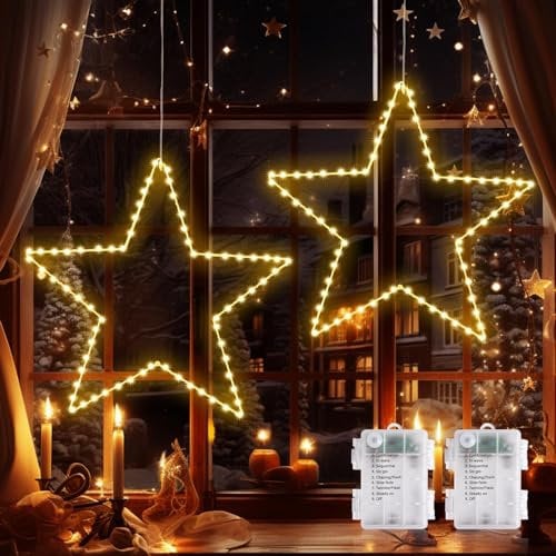GlobaLink 2 Stück LED Weihnachtsstern Beleuchtung, faltbar XXL 50cm Weihnachtsfenster Stern mit 70 warmweißen LEDs batteriebetrieben für Weihnachten Outdoor Schlafzimmer Fenster Deko