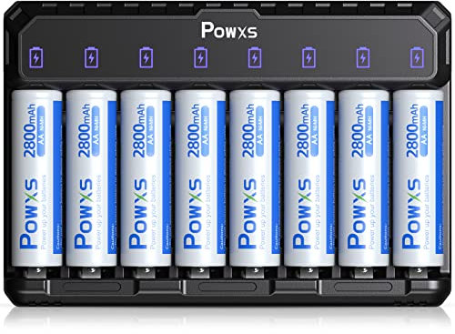 POWXS 8-slot Battery Charger with 8 x AA Rechargeable Batteries, Intelligent LED Battery Charger for NI-MH/NI-CD/Lithium Batteries, Fast Charging Function, Type C and Micro USB Input