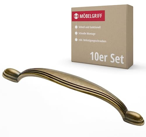 Gedotec Möbelgriff aus Metall | 10 Stück | Griffe für Küchenschränke inkl. Befestigungsmaterial | PRAG | Möbelgriffe Messing antik mit BA 96 mm | Türgriffe für Schränke - Schrankgriffe - Küchen Griffe