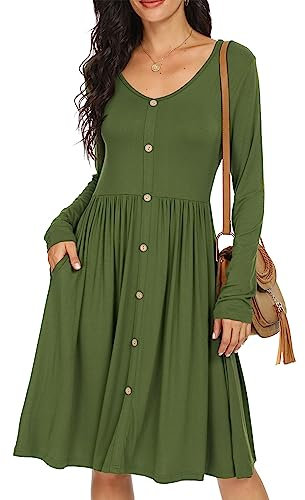 GRECERELLE Womens Long Sleeve Casual Plain Swing Dresses Button Down A-Line Midi Short T-Shirt Dress with Pockets (Army Green, L)
