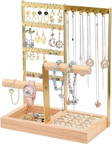 ADWOLT Jewelry Stand Necklace Holder,4-Tier Jewelry Tower Rack Ring Necklace Stand Display with Earring Tray and Holes, Necklaces Hanging Holder Tree for Bracelets Watches Earrings Rings (Gold)