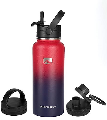 Polarscape Stainless Steel Insulated Water Bottle with Straw - Metal Water Bottle, Includes 3 Lids, 2 Straws, and Straw Brush - Wide Mouth, Double-Walled, BPA Free, Leak Proof - 1L Plum