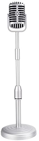 Glakyur Vintage Desktop Microphone Prop Model with Adjustable Height, Classic Retro Style Microphone Stand Mic Prop,Silver