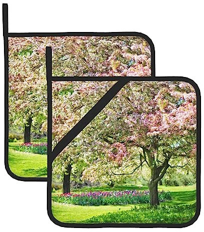 Lot de 2 maniques roses sur l'arbre - Résistantes à la chaleur - Antidérapantes - Avec poches - Pour cuisine, cuisson, barbecue