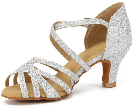 Syrads Damen Ballsaal-Tanzschuhe mit Strasssteinen für Salsa, Social Dance, Ballsaal Latein, Tango, Walzer, Hochzeit, Modern, Abend Party Tanzen - Silber, 6 cm Absatz, 39 EU