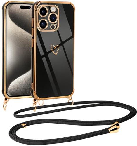 Vauki Coque pour iPhone 15 Pro avec Cordon de Collier, Galvanisé Etui Housse avec Motif Coeur d'amour, Antichoc Anti-Rayures Case avec Bandoulière pour iPhone 15Pro, Nior