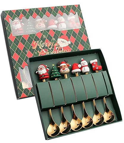 Lot de 6 sets de table pour tables de Noël - Cuillère en acier inoxydable - Cuillère à dessert - Fourchette à café - Cuillère de Noël - Pendentif cuillère - Cadeau - Chargeur de table (H, taille