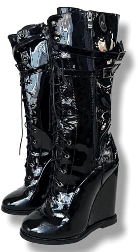 Frankie Hsu Stivali sexy da donna con tacco alto al ginocchio, fibbia in vernice nera, stile di lusso, Hot Girl Big Large Size US5-19 scarpe lunghe al polpaccio largo per donne uomini, nero, 42 EU