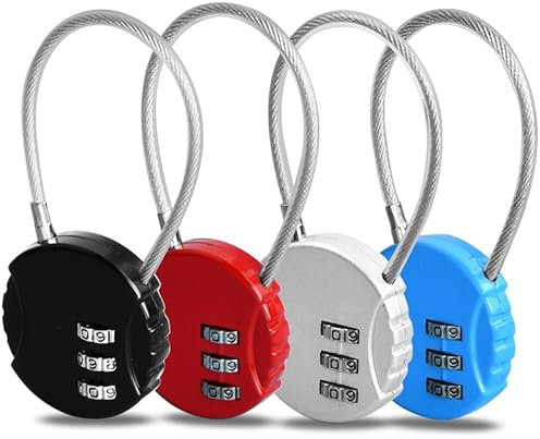 Nivofu 4PCS Wire Rope Travel Combination Padlocks Combination Lock Lockers Padlocks with 3 Digit Code Resettable Luggage Locks for Gym Locker School Locker Shed Fence Garage Red Blue Black Silver