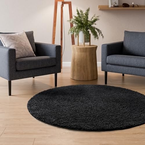 Interiyou Hochflor Teppich Sofia - 80x80 cm Rund Schwarz - flauschig und einfarbig - waschbar und rutschfest - weicher Langflor