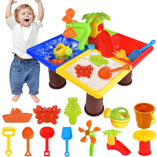 Shinybox 4 in 1 Sand Wasserspieltisch, 25 Stück Wasserspieltisch Draußen Groß Strandspielzeug Set, Wassertisch Strandspielzeug, Strandspieltisch, Sommer Wasserspielzeug Sandkasten für Mädchen Junge