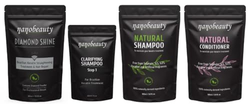 Nanobeauty Brasilianische Keratin-Haarglättungsbehandlung, KOMPLETTSET mit Aftercare SLS-Shampoo und Spülung. Mit Diamanten angereichert, vegan, Föhnen, Glätten/Reparieren, Arganöl, professionelle Erg