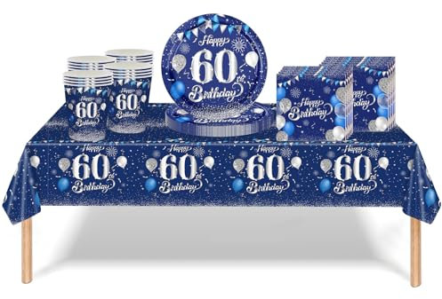 53Pcs Navy Blue and Sliver 60th Birthday Party Tableware Decorations,60th Birthday Table Cloth Plates and Napkins Cups Sets for Women Him Men Birthday Table Decor for 60th Birthday Gifts Dinnerware