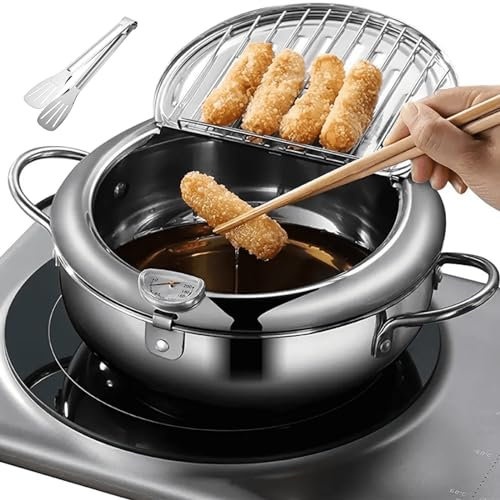 WXFKLDJ Pentola per Friggere Tempura in Acciaio Inossidabile 304 Friggitrice Tempura con Coperchio Termometro E Scolapiatti Olio Padella Non Rivestita in Stile Giapponese per Cucina,4.2L(28cm)