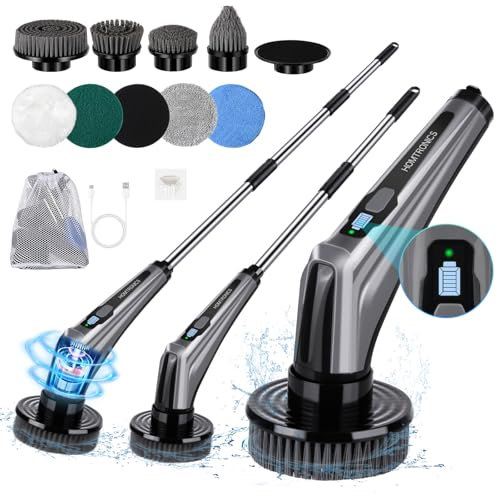 Brosse Electrique Nettoyage,[IPX8 Imperméable] Homtronics Brosse Electrique Nettoyage Rotative,Affichage Numérique Intelligent, avec Poignée Réglable,10 Têtes de Brosse Remplaçables,pour Bain,Fenêtre