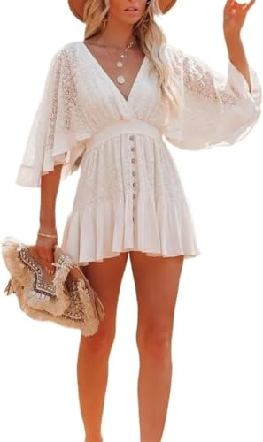 Womens Summer Romper Dresses Deep V Neck Short Sleeve A-Line Swing Mini Dress (01,s)