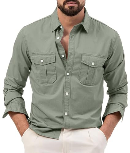 Generic Men's Fashion Spring and Summer Casual Long Sleeved Lapel Solid Color Shirt Shirt Double Pockets M