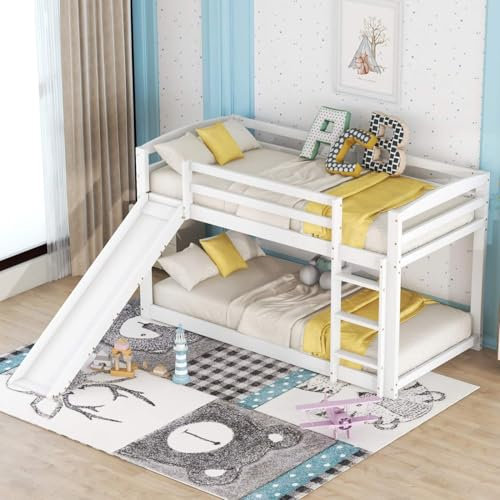 Lit superposé Enfant 90x200 cm avec Toboggan, lit Mezzanine avec Garde-Corps Haut, lit Grenier avec Cadre en Bois Massif White