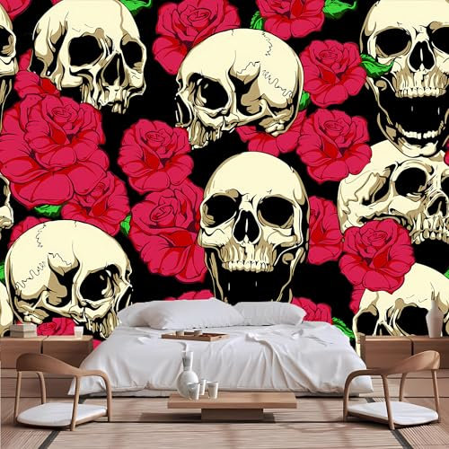 Lcythiazole Customizable Size Peel and Stick Skull Wallpaper Mural Black Background Red Rose Black and White Skull Mural for Living Room Bedroom Restaurant Office