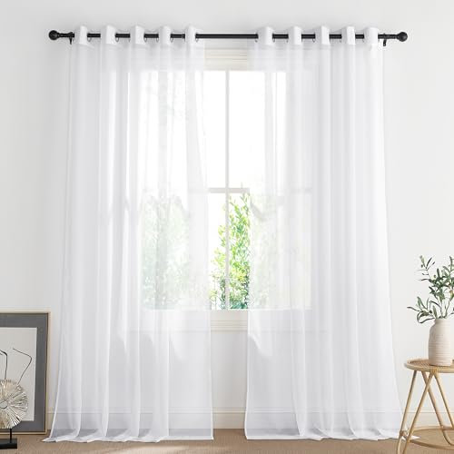 PONY DANCE White Voile Curtains 66 x 90 Inches, Extra Long Semi Transparent Window Net Curtains Eyelet Top Lightweight Sheer Panels for Bedroom/Patio Door/Living Room, Set of 2