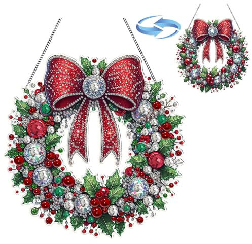 CXINLky DIY Diamond Art Painting Anhänger mit Kette, Diamant Painting Fensterbilder, Kreatives Weihnachten Diamond Art Wandbehang Kits für Fenster Wand Garten Decor-03-Weihnachtskranz
