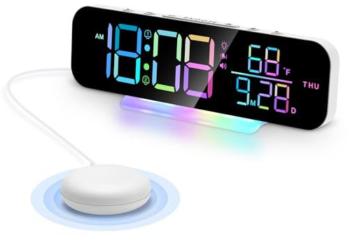 TopCity Loud Alarm Clock for Heavy Sleepers, Vibrating Alarm Clock with Bed Shaker, Digital Clock Bedside with 8 Colours RGB Display, Adjustable 7-colour Night Light (White)