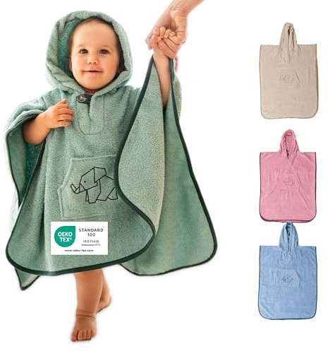 ULLENBOOM Badeponcho Kinder 3-6 Jahre, Frottee aus 100% Baumwolle (OEKO-TEX zertifiziert) und Made in EU - Ideal als Badetuch und Bademantel, Salbeigrün
