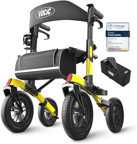 VOCIC All Terrain Rollator Walker, Foldable Outdoor Rollator with Seat Mobility Walker for Senior, Carry Bag, Brakes, 30cm/ 12'' Wheel Rubber Large Tyre, Suitable Travel, 5 Year Support