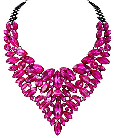 Ever Faith Fuchsia Crystal Statement Necklace, Stunning Hot Pink Rhinestone Costume Bib Chunky Collar Necklaces Jewellery for Women Girls