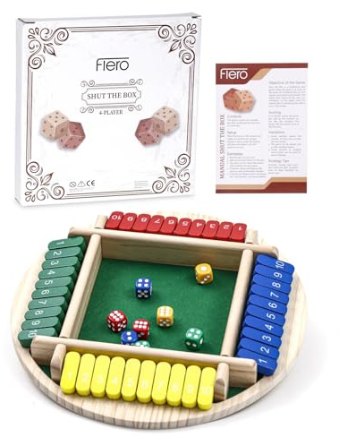 Flero Shut The Box - 4 Spieler - Rund - Würfelspiel - Taktik- und Rechenspiel - Brettspiel, Lernspielzeug, Bildungsspiel für Kinder und Erwachsene (Mehrfarbig) - 8 Würfel