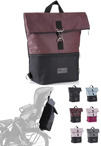 BambiniWelt Fahrradtasche – Rucksack für Kinderfahrradsitz kompatibel mit Römer Jockey, wasserabweisend, mit Klickverschluss & Schultergurt, 20 l Stauraum (schwarz-bordeaux)
