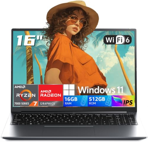 AOC Laptop 2025, portátil con procesador AMD Ryzen 7 7735HS (8C/16T, hasta 4.75GHz), 16GB DDR5 512GB NVMe SSD, pantalla FHD de 16 pulgadas, WiFi 6, KB retroiluminado