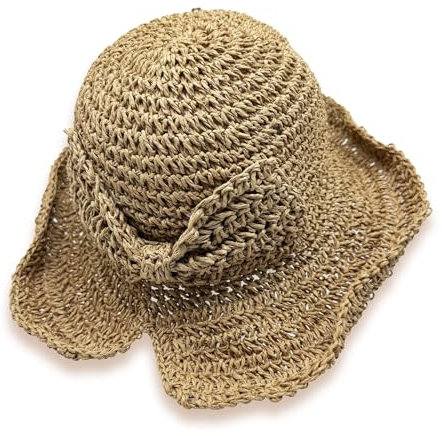 FUIPVGI Sombrero de Paja con nudo de lazo, Sombrero de Playa Mujer Verano Plegable, Borde Suave Transpirable Grande Ancho Cap,Señora Trenzado Sombreros de Sol para Viajes Decoración Vacaciones (Caqui)