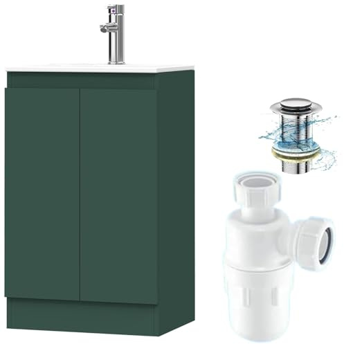 BELOFAY 500mm Under Sink Bathroom Cabinet Floor Standing Storage Cupboard Basin Unit, 500mm Vanity Unit with Basin, Waste and Trap, Tap not Included (Denvor Green)