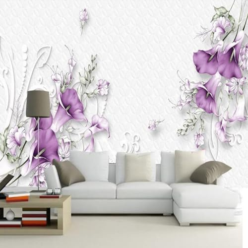 Frais Beau Rêveur Rêveur Fleurs De Lys Pourpres Papier Peint 3D Installation Facile Intissé Tapisserie Bureau Salon Canapé Chambre Décoration Murale-300cm×210cm